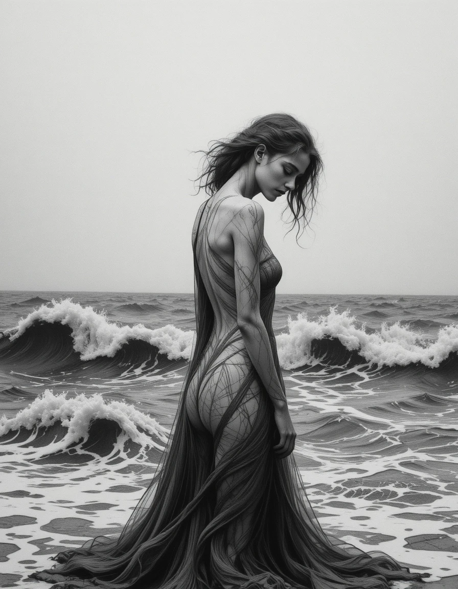 Young woman alone at the shore in a sorrowful pose