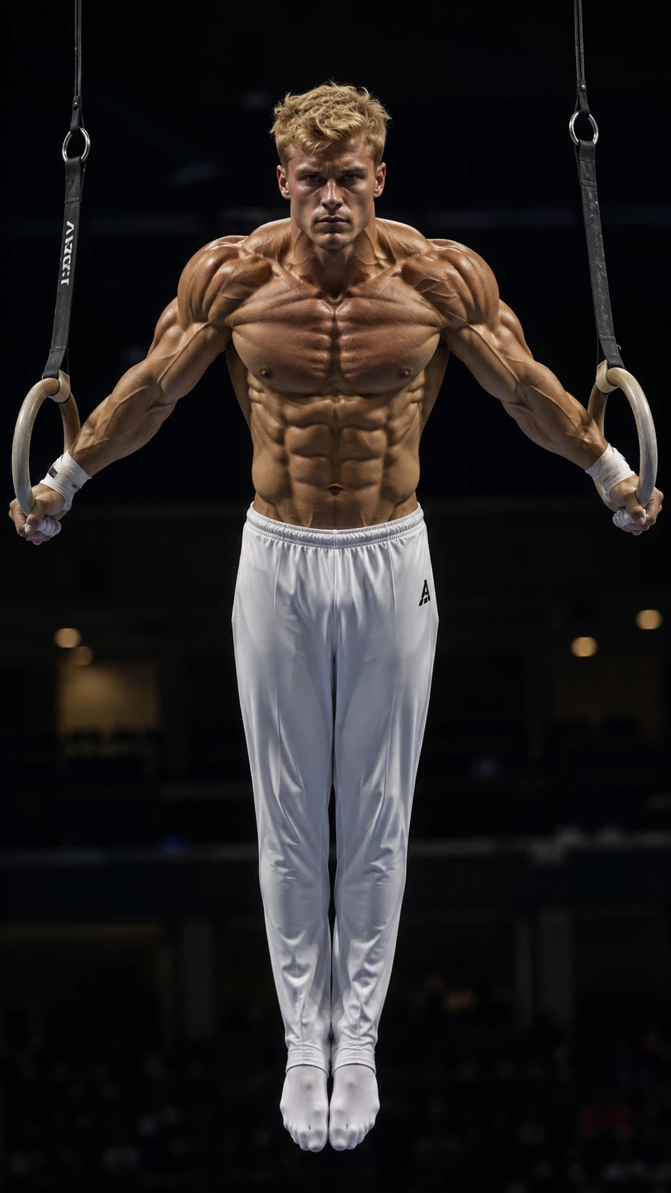 Muscular male gymnast performing an iron cross on rings
