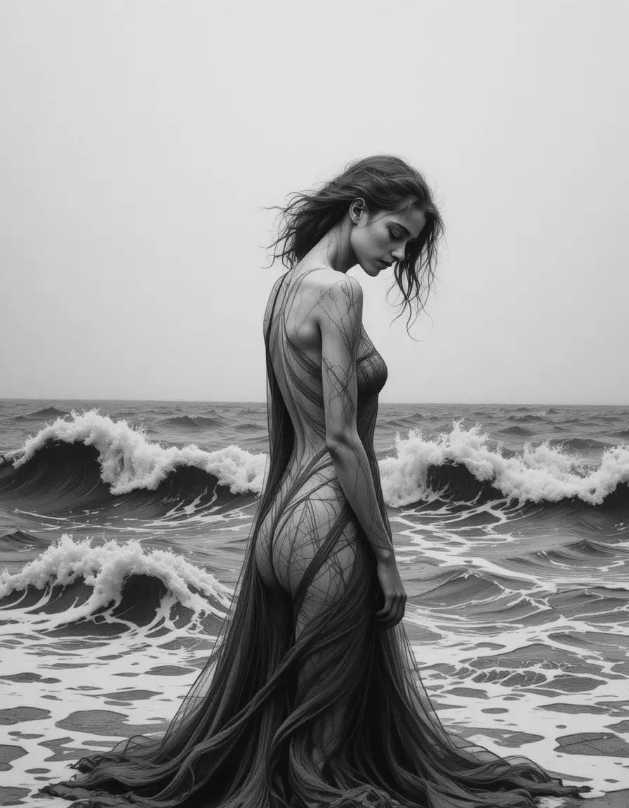 Young woman alone at the shore in a sorrowful pose