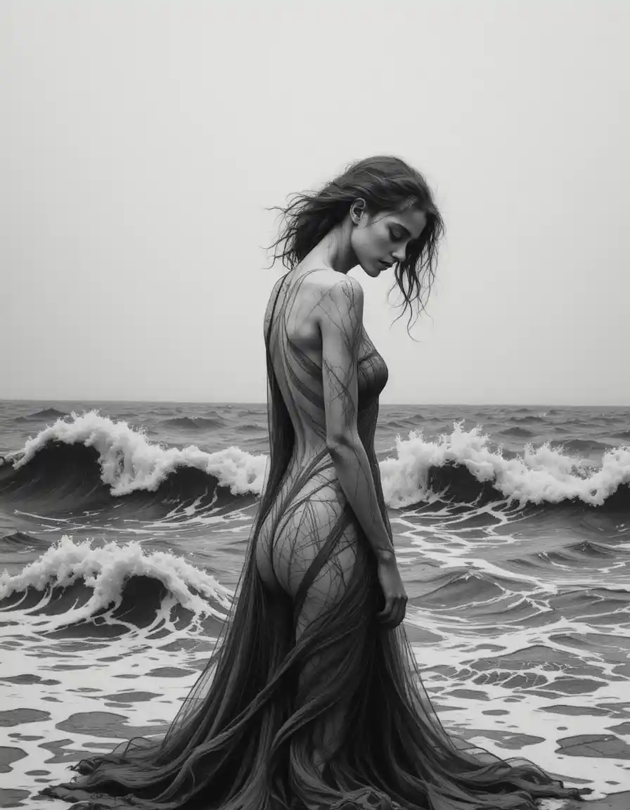Young woman alone at the shore in a sorrowful pose