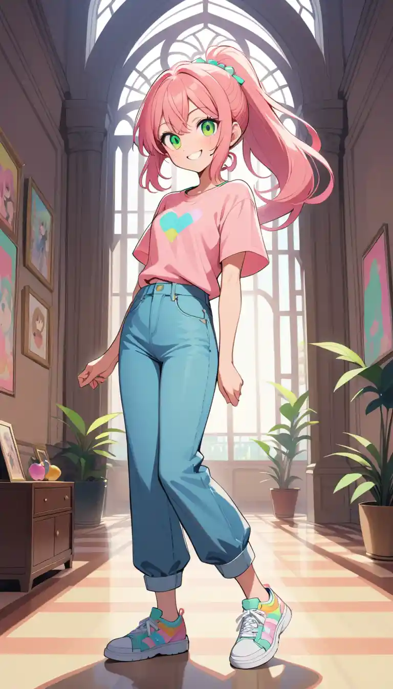 Cheerful anime girl in pastel outfit in modern castle hall