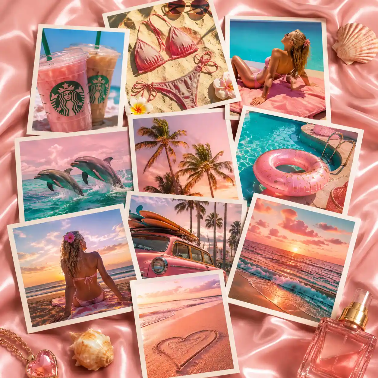 Colorful flat lay of summer photos on pink satin