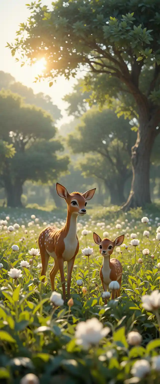 Gentle doe and fawn resting in a sunlit meadow