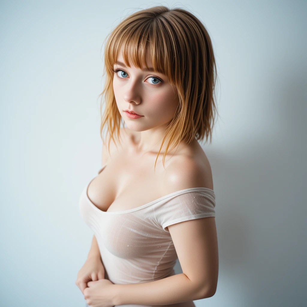 Young woman in wet translucent tshirt on white background
