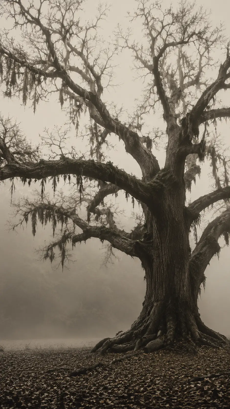 Ancient Tree In A Silent Misty Forest Clearing
