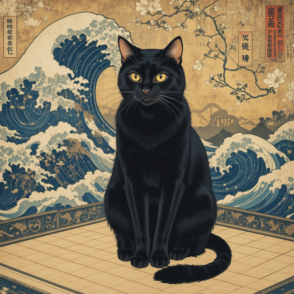 Regal black cat on tatami in golden ukiyo e style