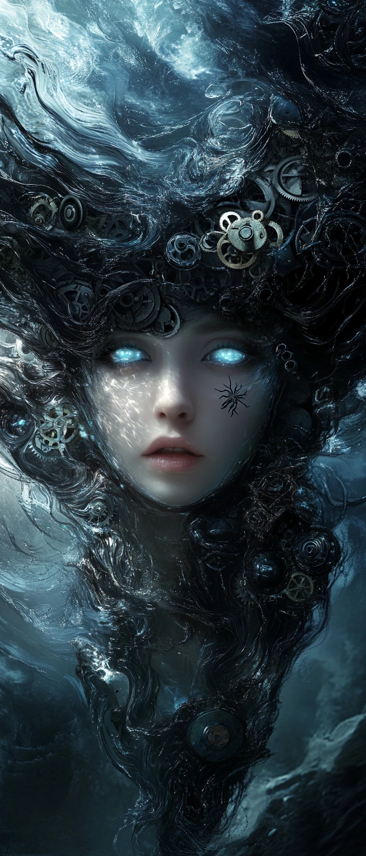 Surreal woman with liquid water hair and clockwork details