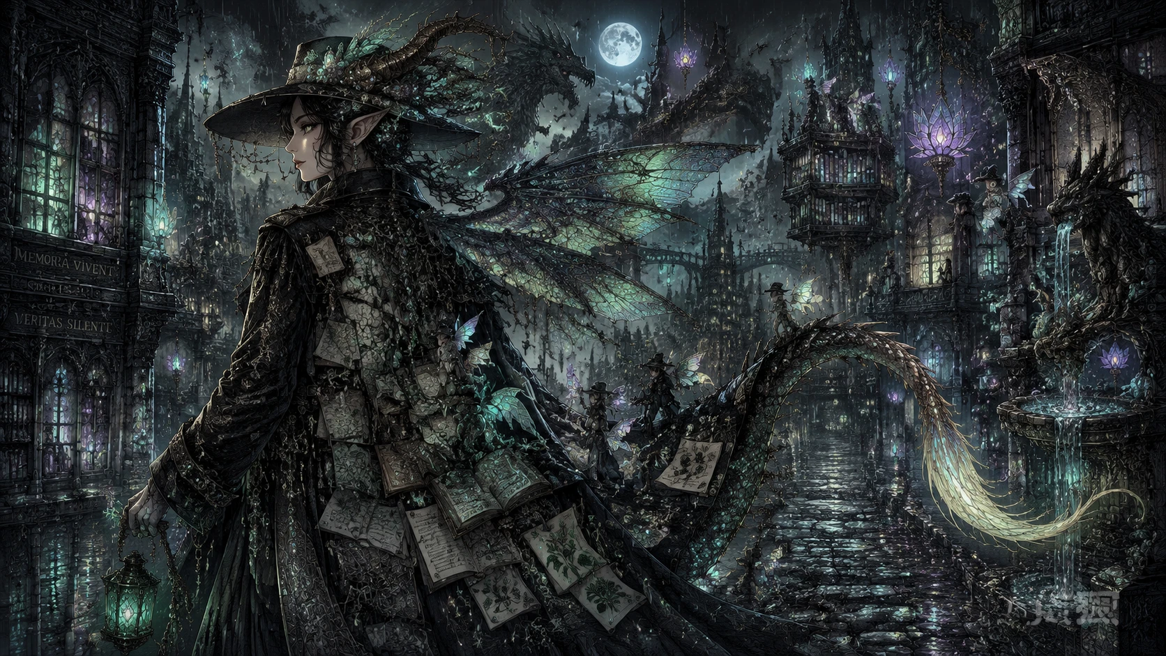 Dragon fairy detective in a rain soaked fantasy metropolis