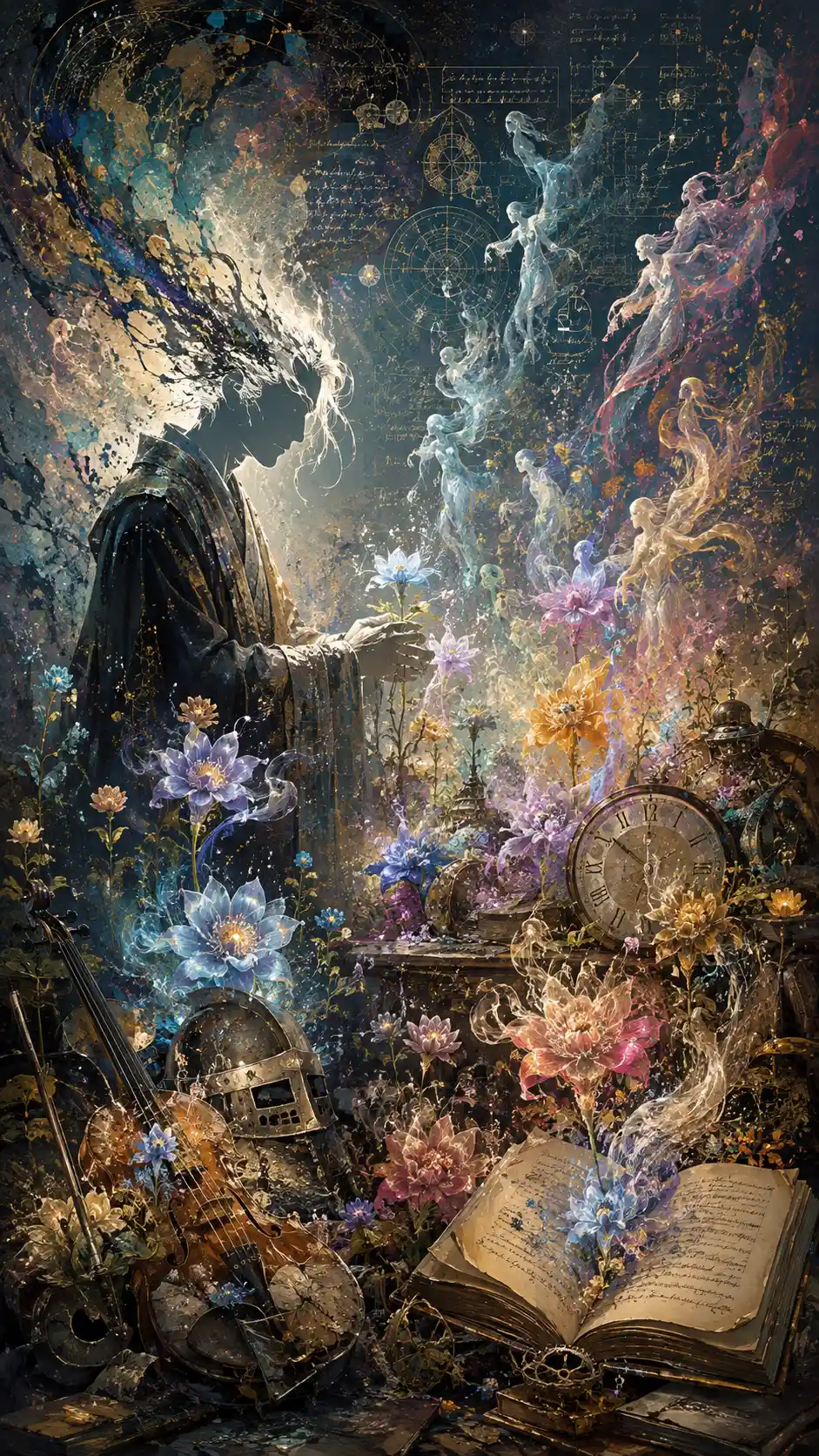 Ancient gardener tending a surreal garden of luminous blooms