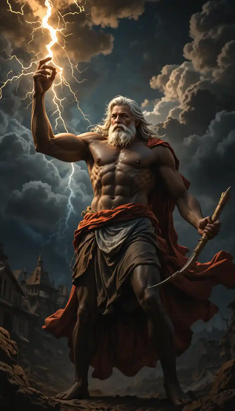 Zeus unleashing a lightning bolt over a distant village
