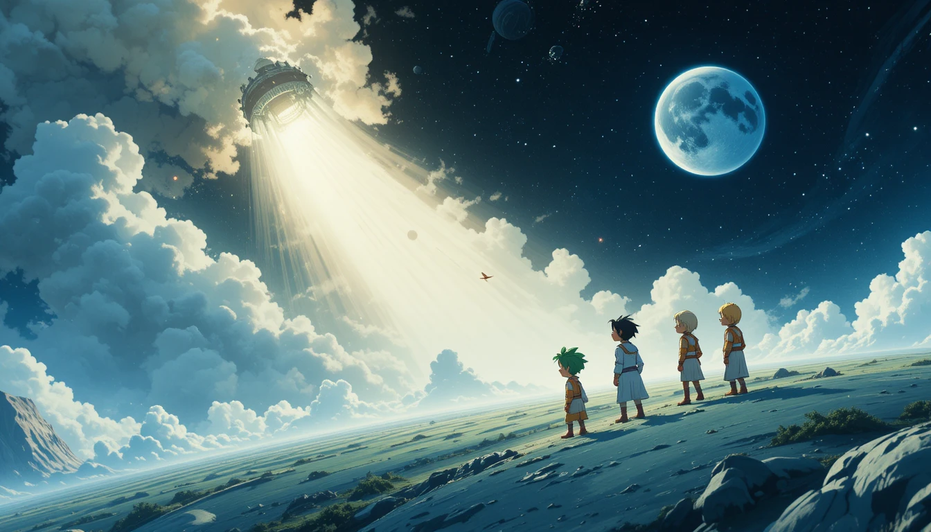 Cartoon friends launch a rocket from Earth into space