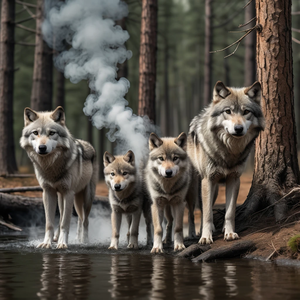 Wild gray wolf family by a forest river bank