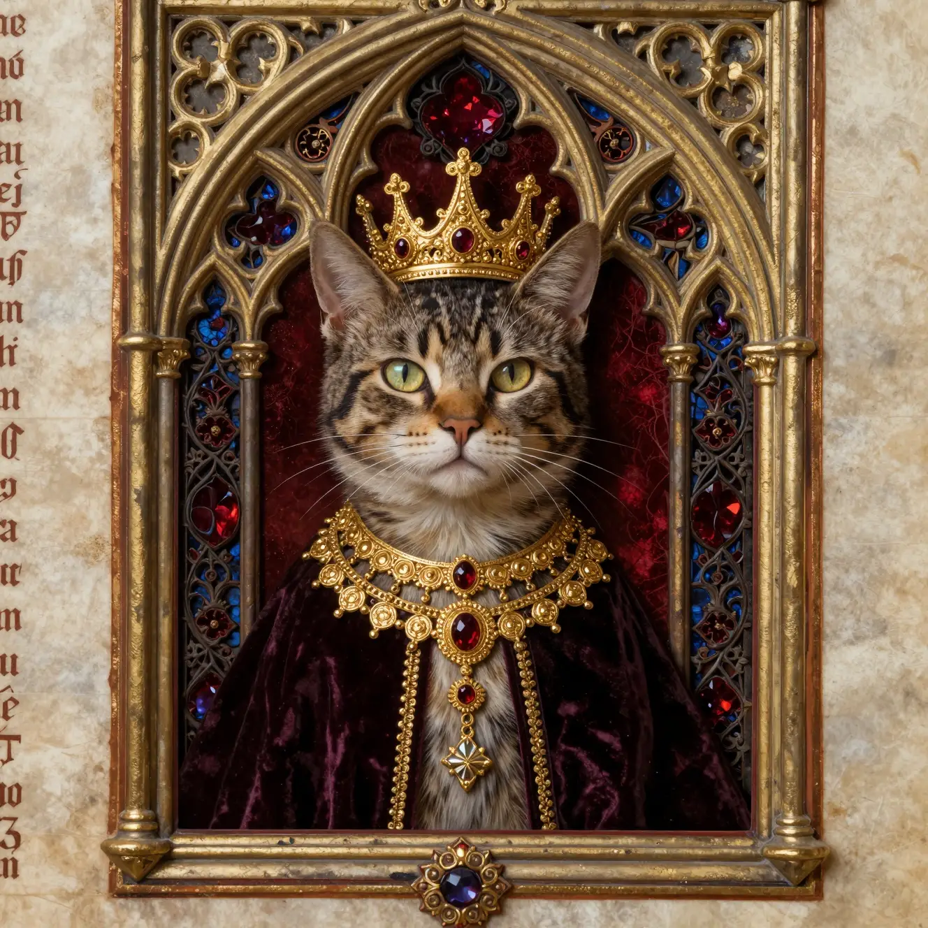 Regal gothic cat within ornate illuminated manuscript frame