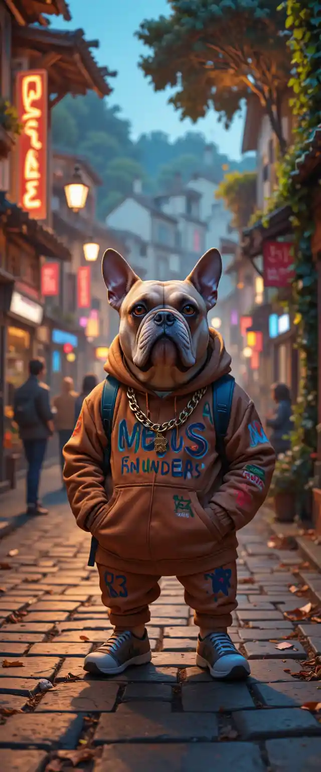 Bulldog nella città al neon con graffiti vestito da rapper urbano