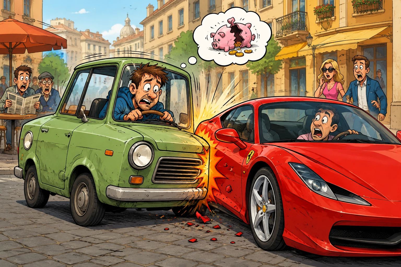 Comic illustration of a playful parking scene with a red sports car