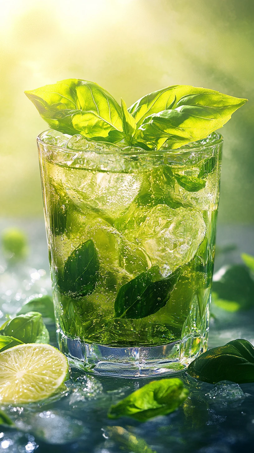 Bright green cocktail with basil and lime in sunlight
