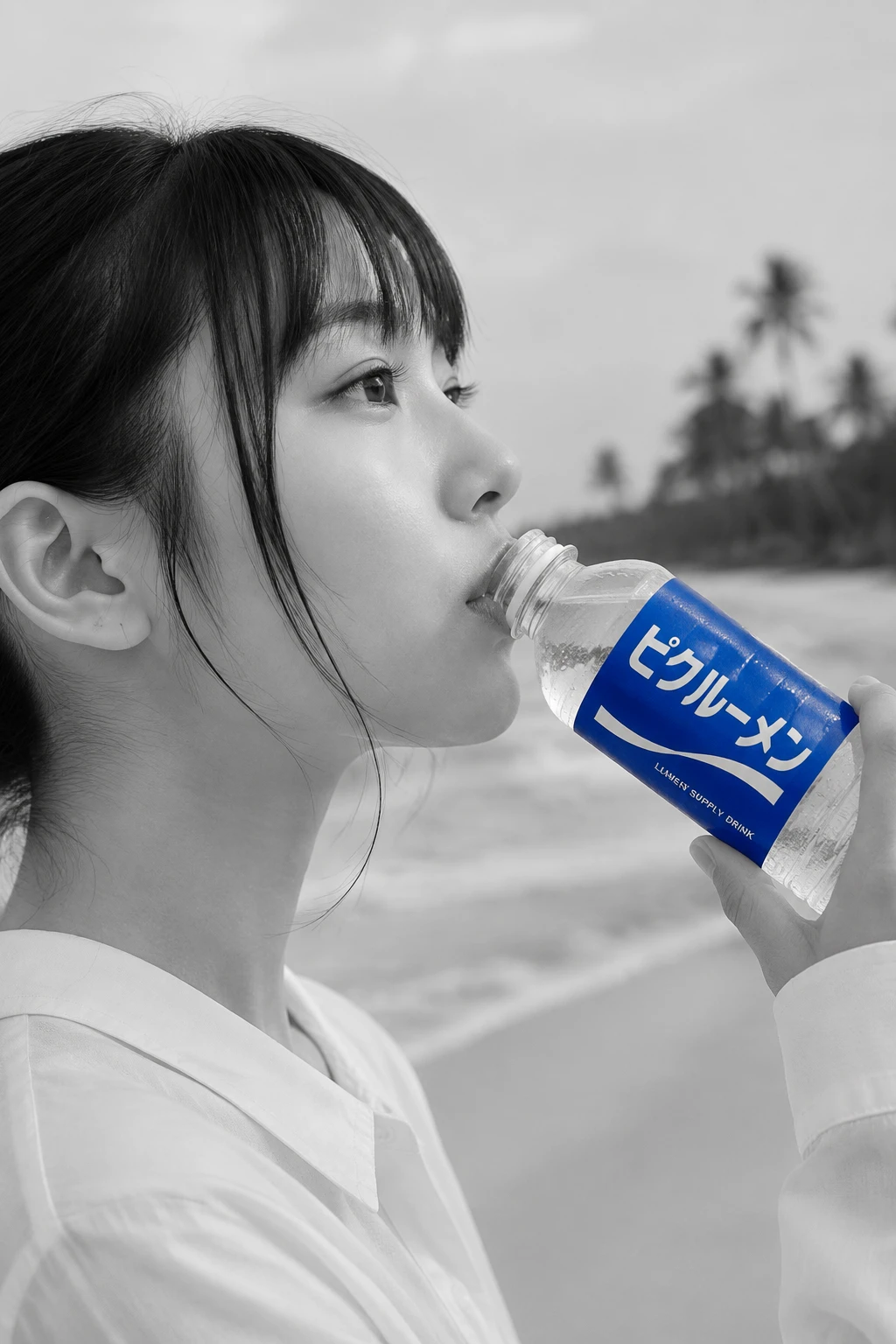 Young woman drinking from bottle on soft grayscale beach