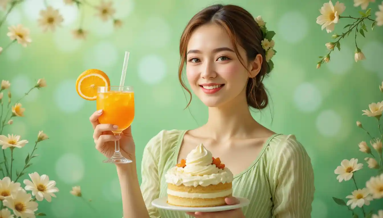 Smiling woman with spring cocktail and dessert in green tones