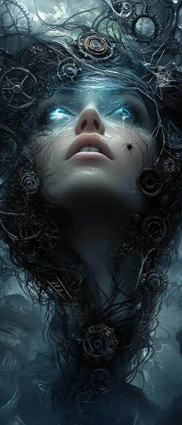 Surreal woman with water hair and clockwork details