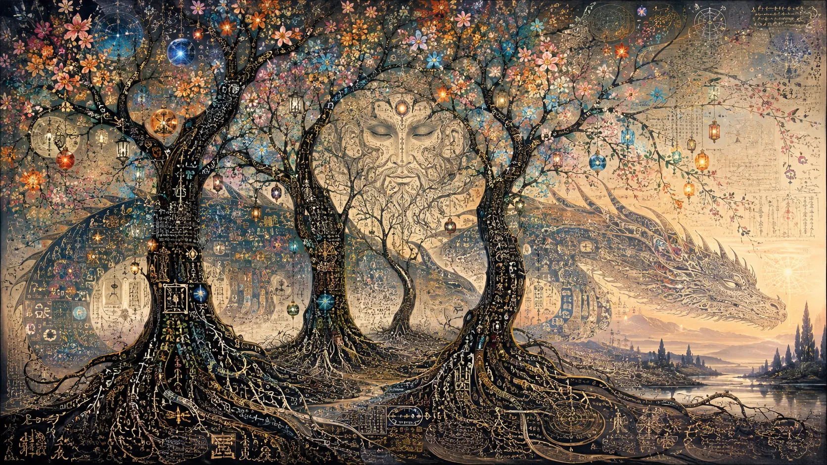 Surreal forest of trees woven from roots and symbols