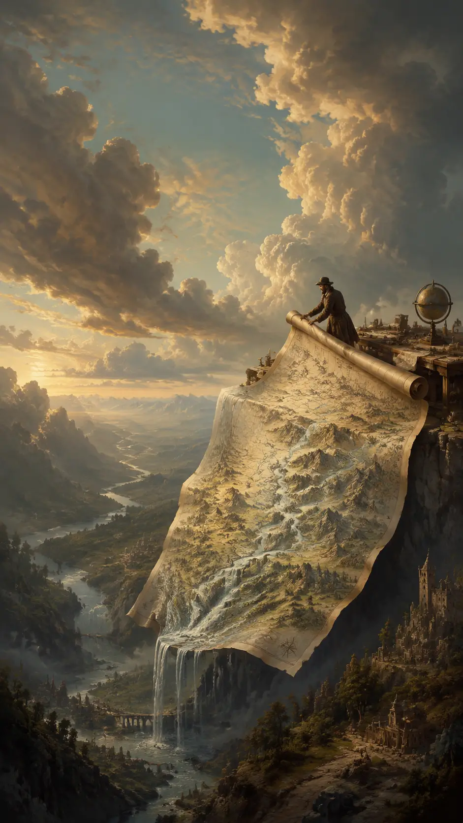 Mapmaker Unfolds Floating Parchment Landscapes In The Sky
