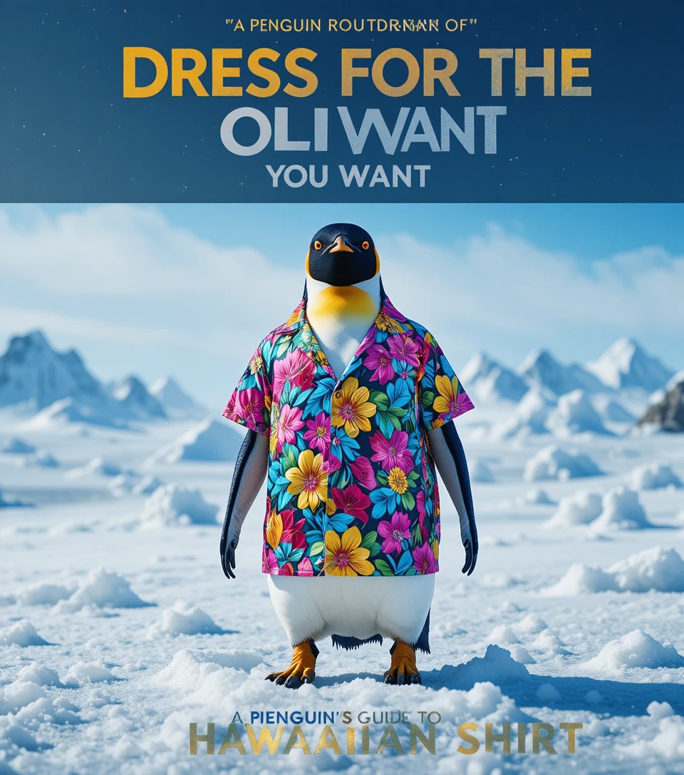 Emperor penguin in a tropical shirt on snowy book cover