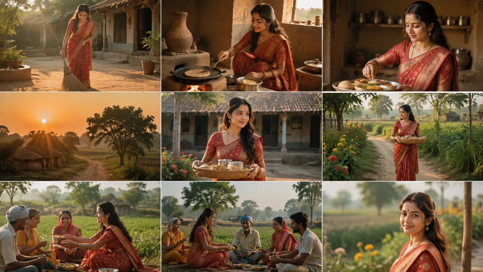 Indian village bride cleaning the courtyard at sunrise