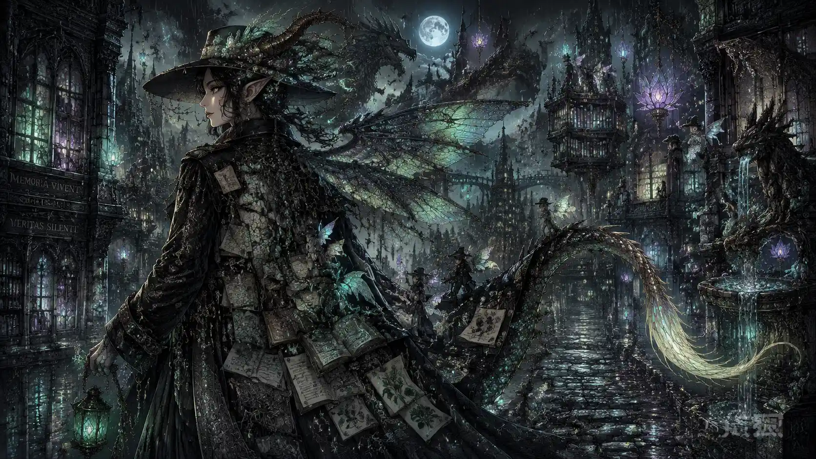 Dragon fairy detective in a rain soaked fantasy metropolis