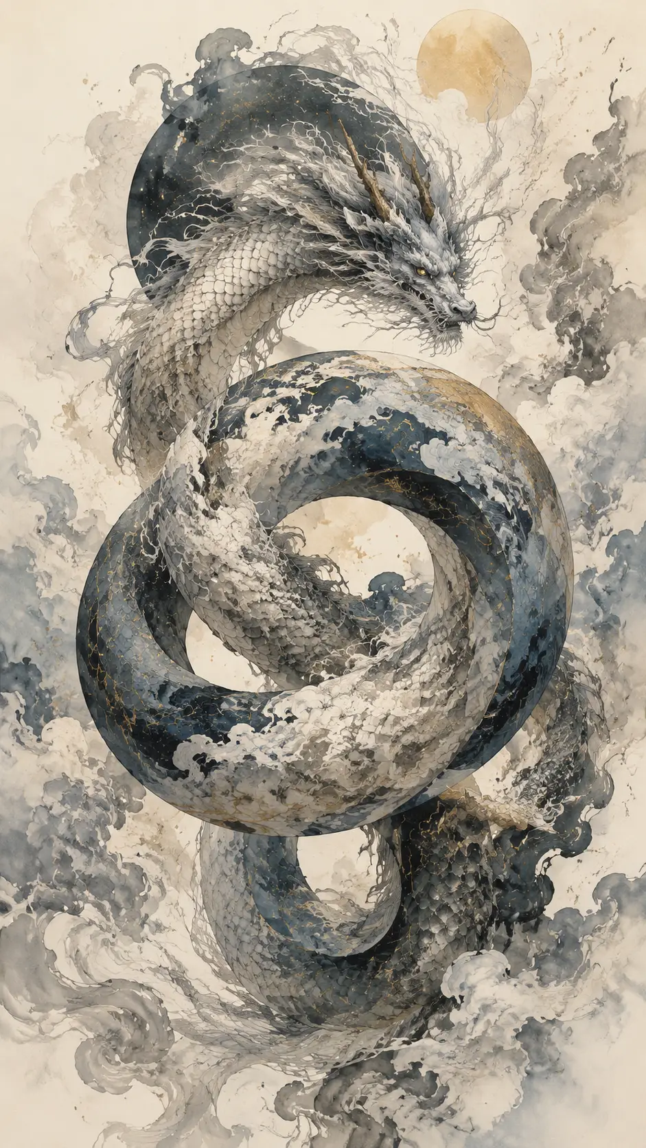 Celestial dragon spiraling through clouds in watercolor ink