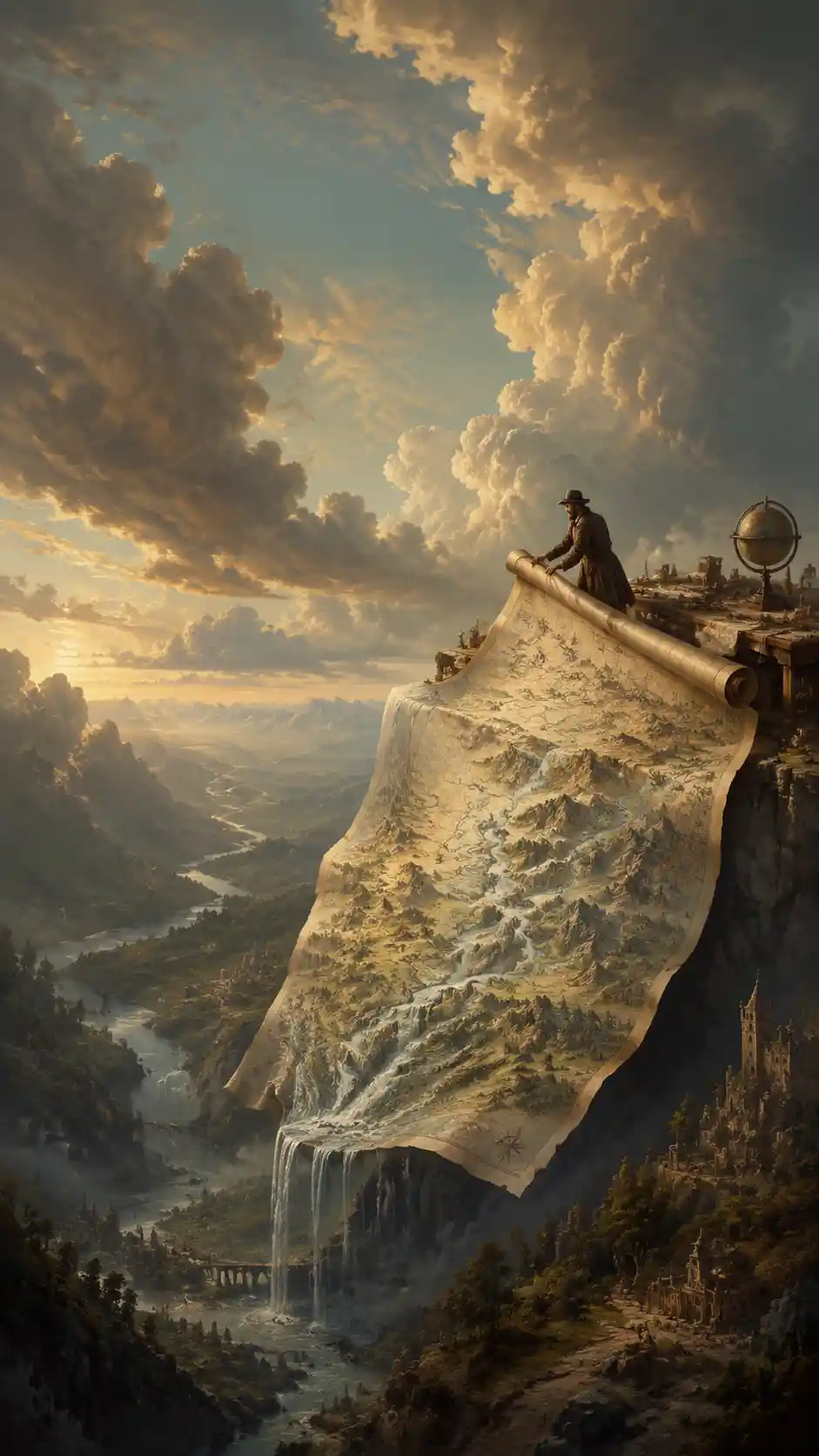 Mapmaker Unfolds Floating Parchment Landscapes In The Sky