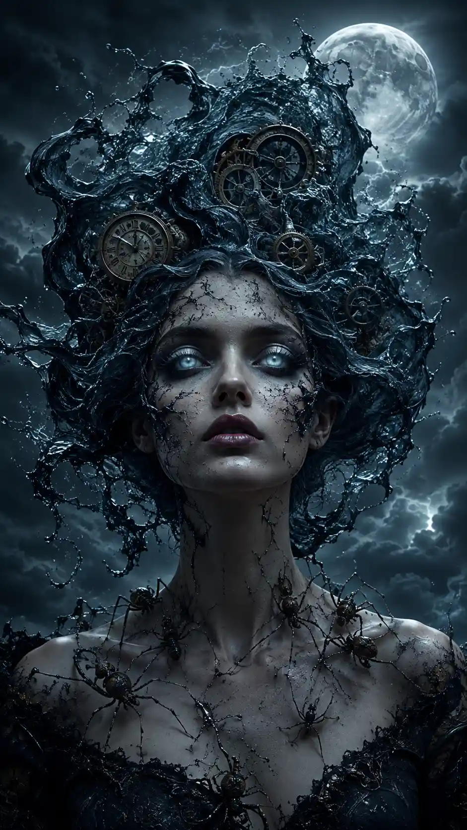 Surreal woman with water hair and clockwork details
