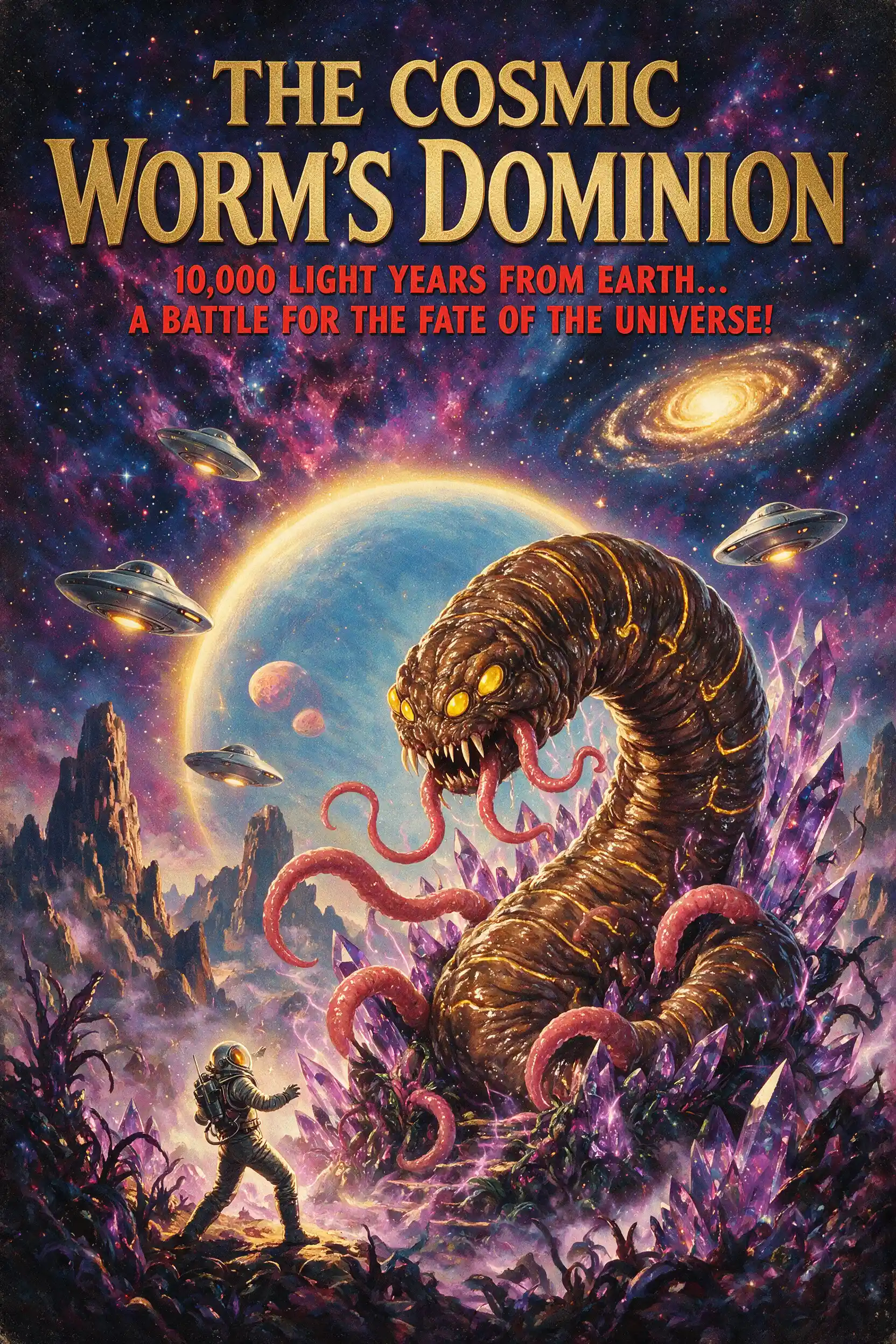 Retro spaceman in outer space with a looming cosmic creature
