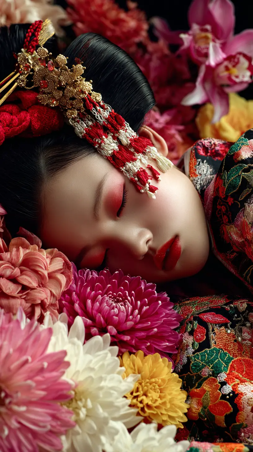 Sleeping geisha inspired portrait with flowers and kimono