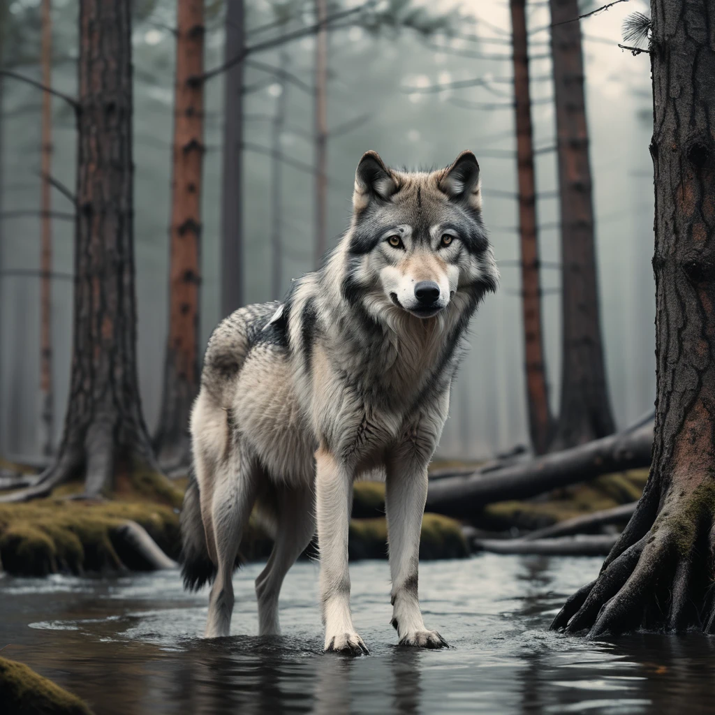 Wild gray wolf standing by a forest river
