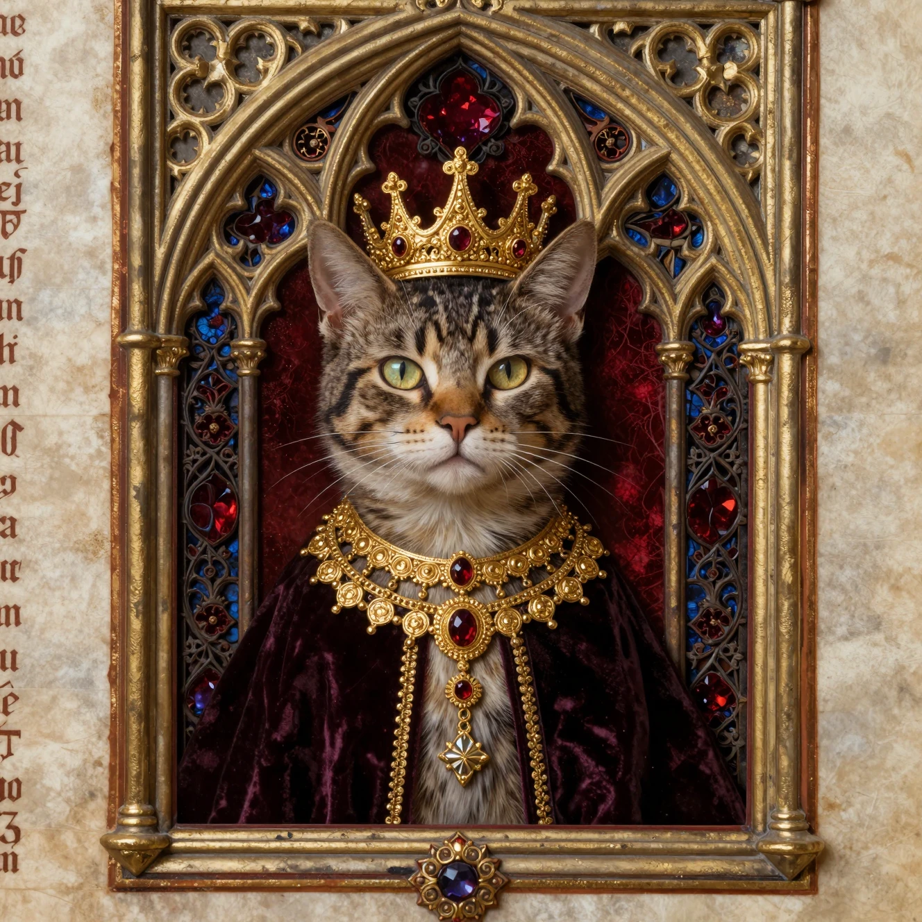 Regal gothic cat within ornate illuminated manuscript frame