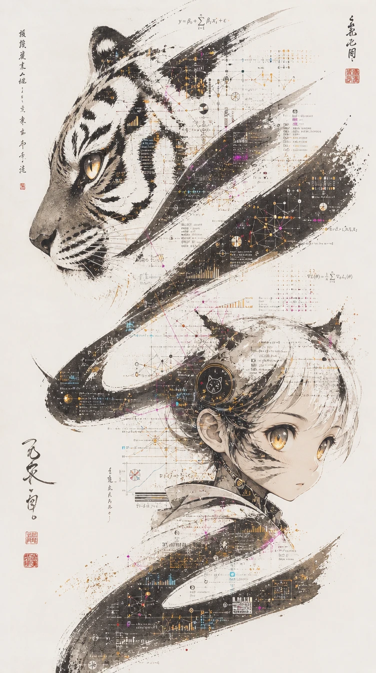 Sumi e tiger fused with futuristic feline child in ink