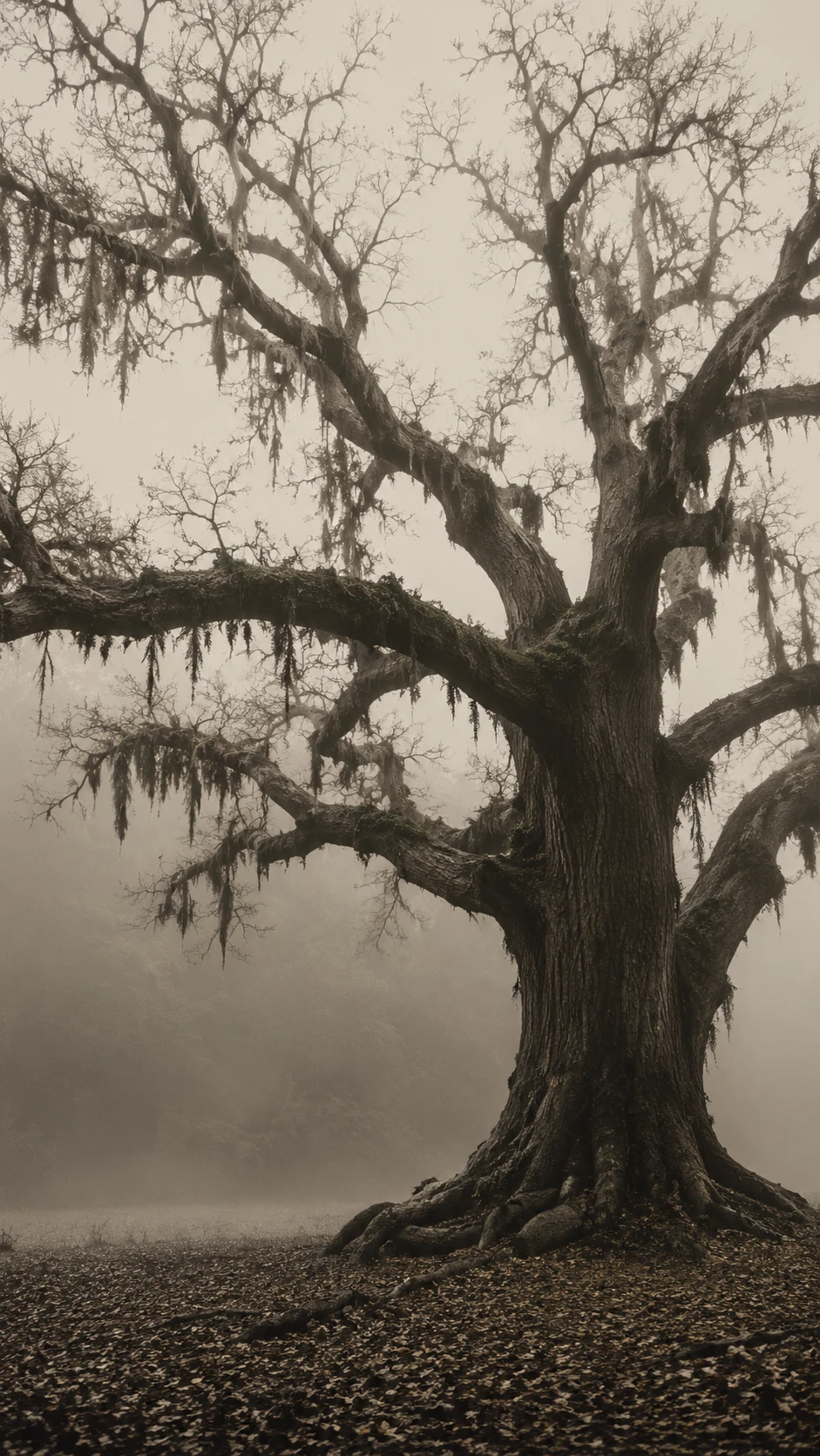Ancient Tree In A Silent Misty Forest Clearing