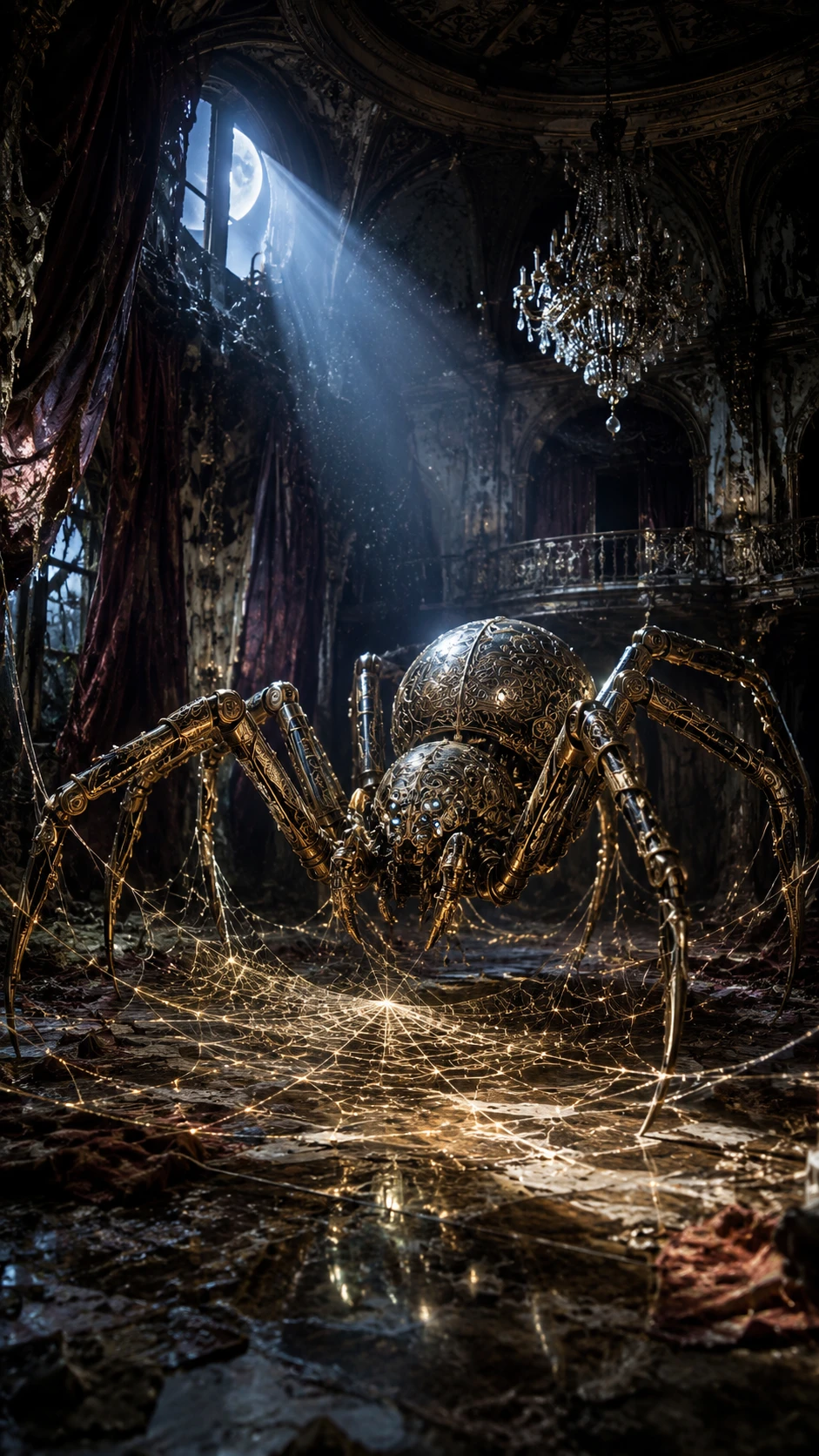 Clockwork spider weaving a glowing web in abandoned ballroom