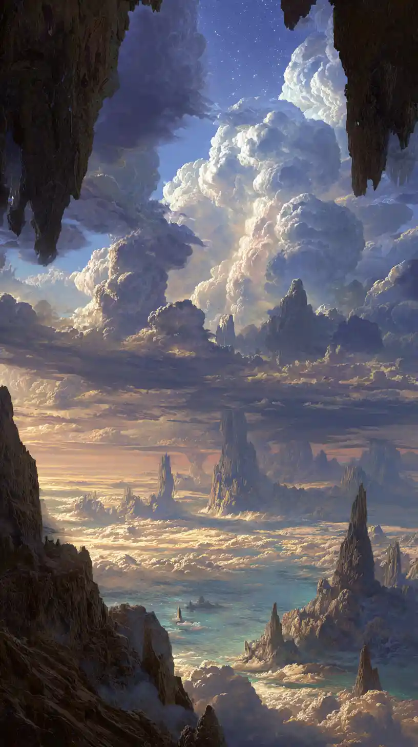 Surreal fantasy landscape with inverted mountains and clouds
