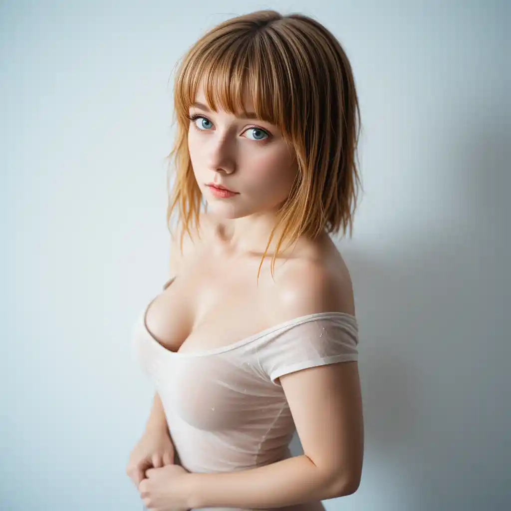 Young woman in wet translucent tshirt on white background