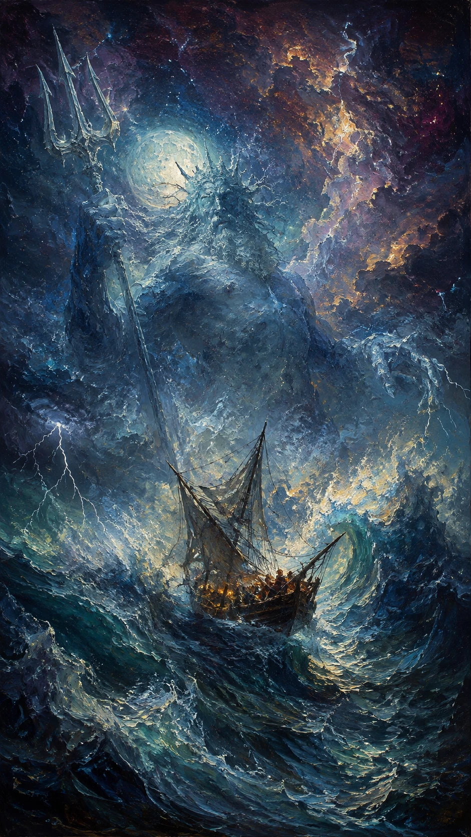 Poseidon Towers Over Stormy Sea And Ship In Peril