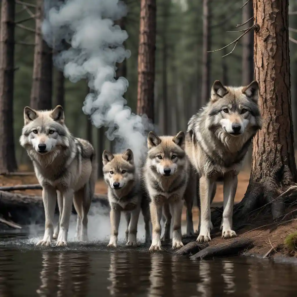 Wild gray wolf family by a forest river bank