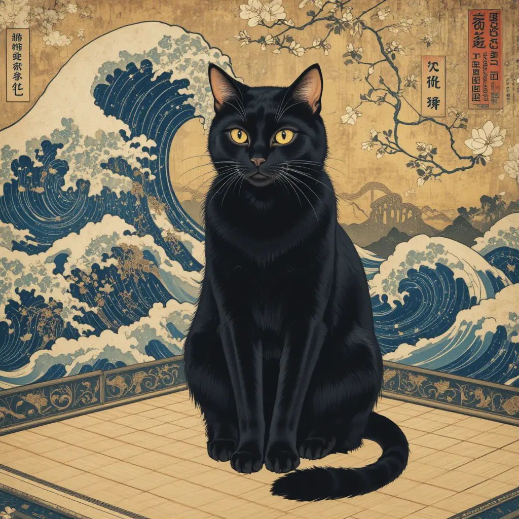 Regal black cat on tatami in golden ukiyo e style