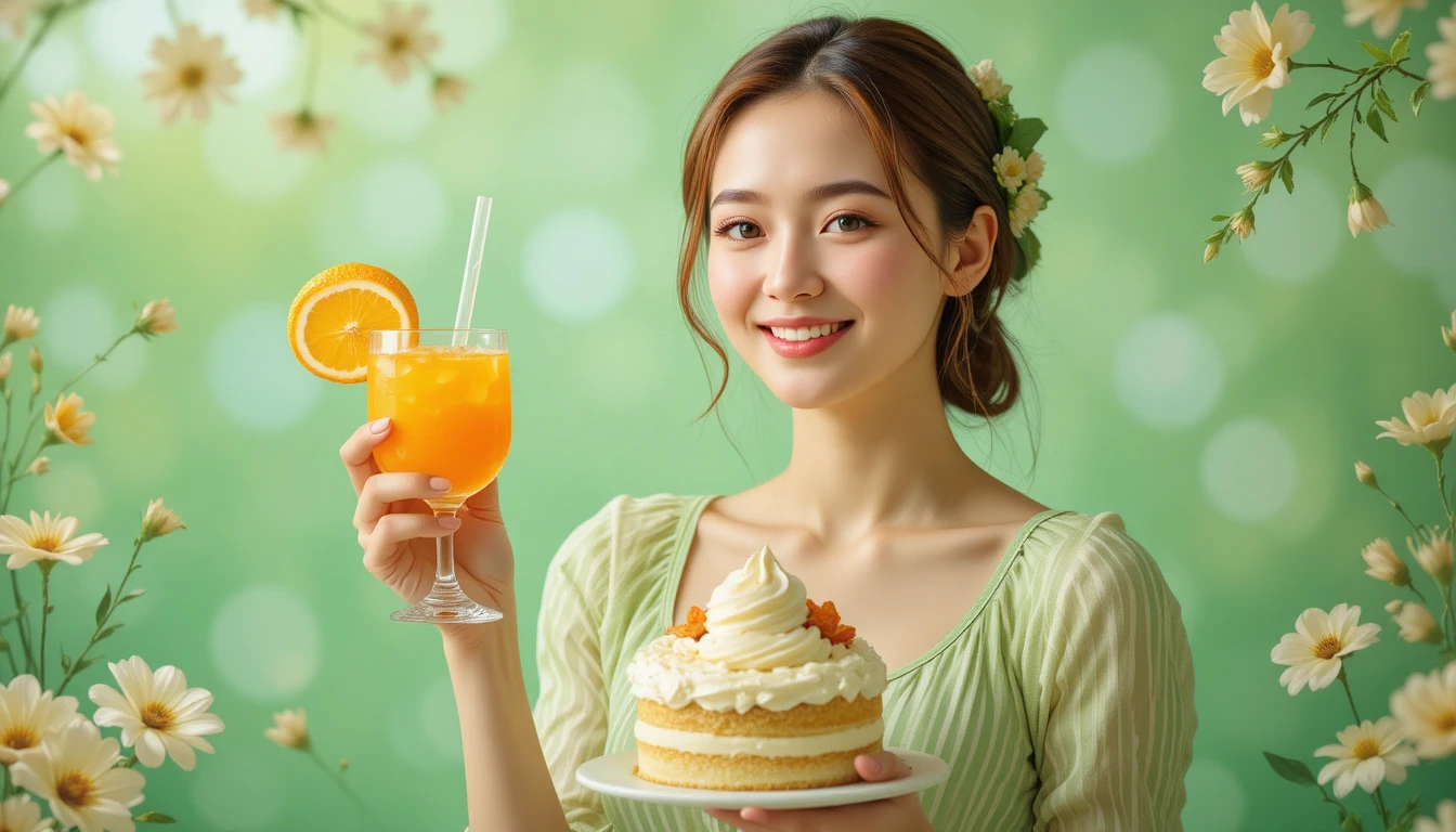 Smiling woman with spring cocktail and dessert in green tones