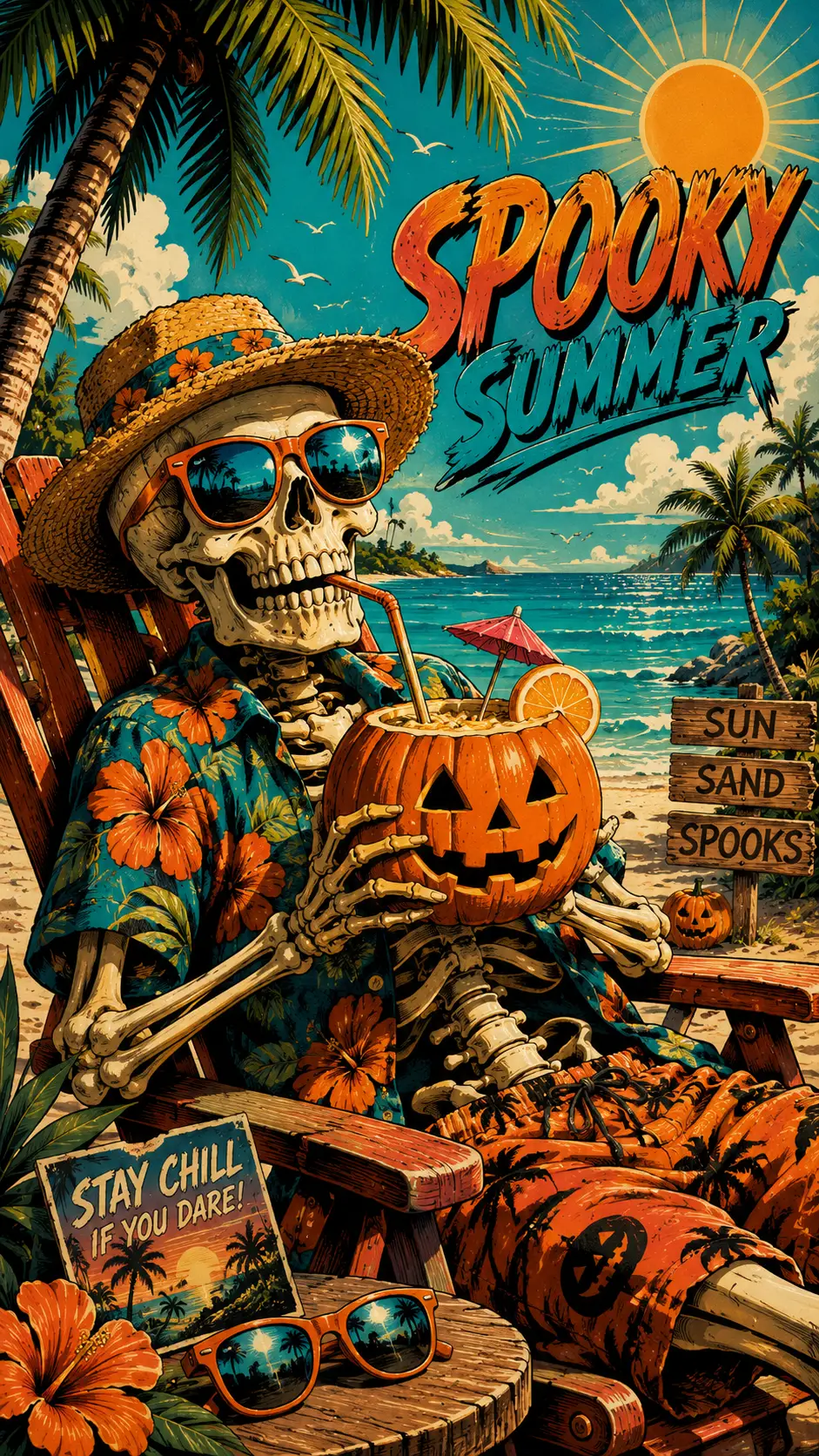 Cheerful Skeleton Relaxing On A Sunny Tropical Beach