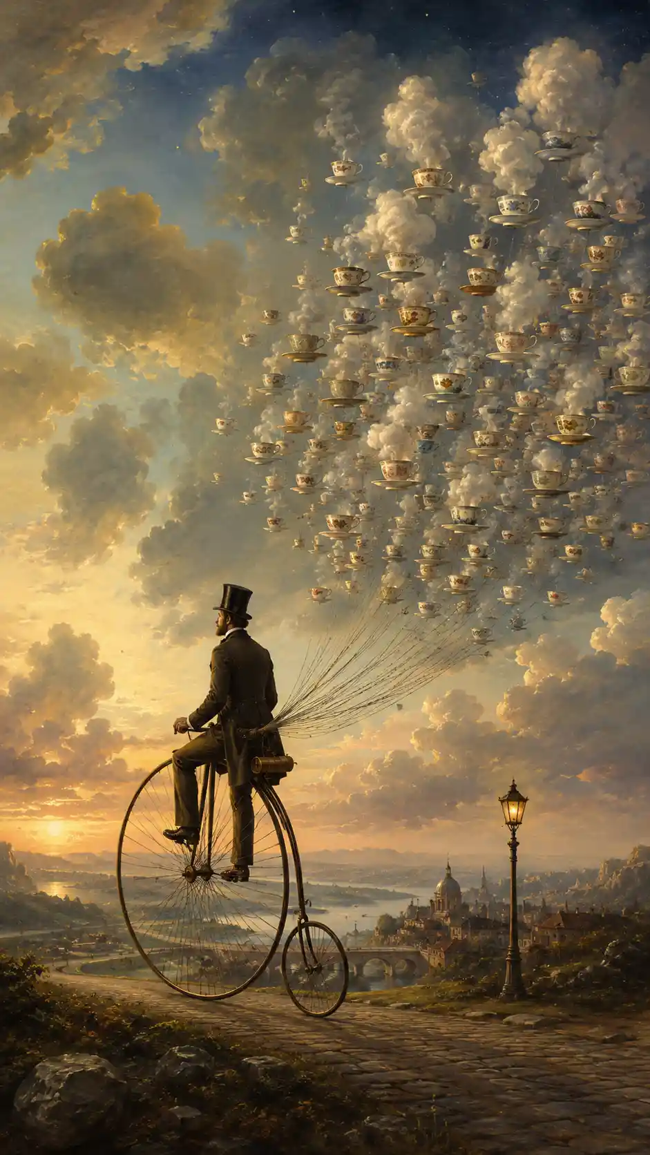 Gentleman Riding Penny Farthing With Floating Porcelain Teacups