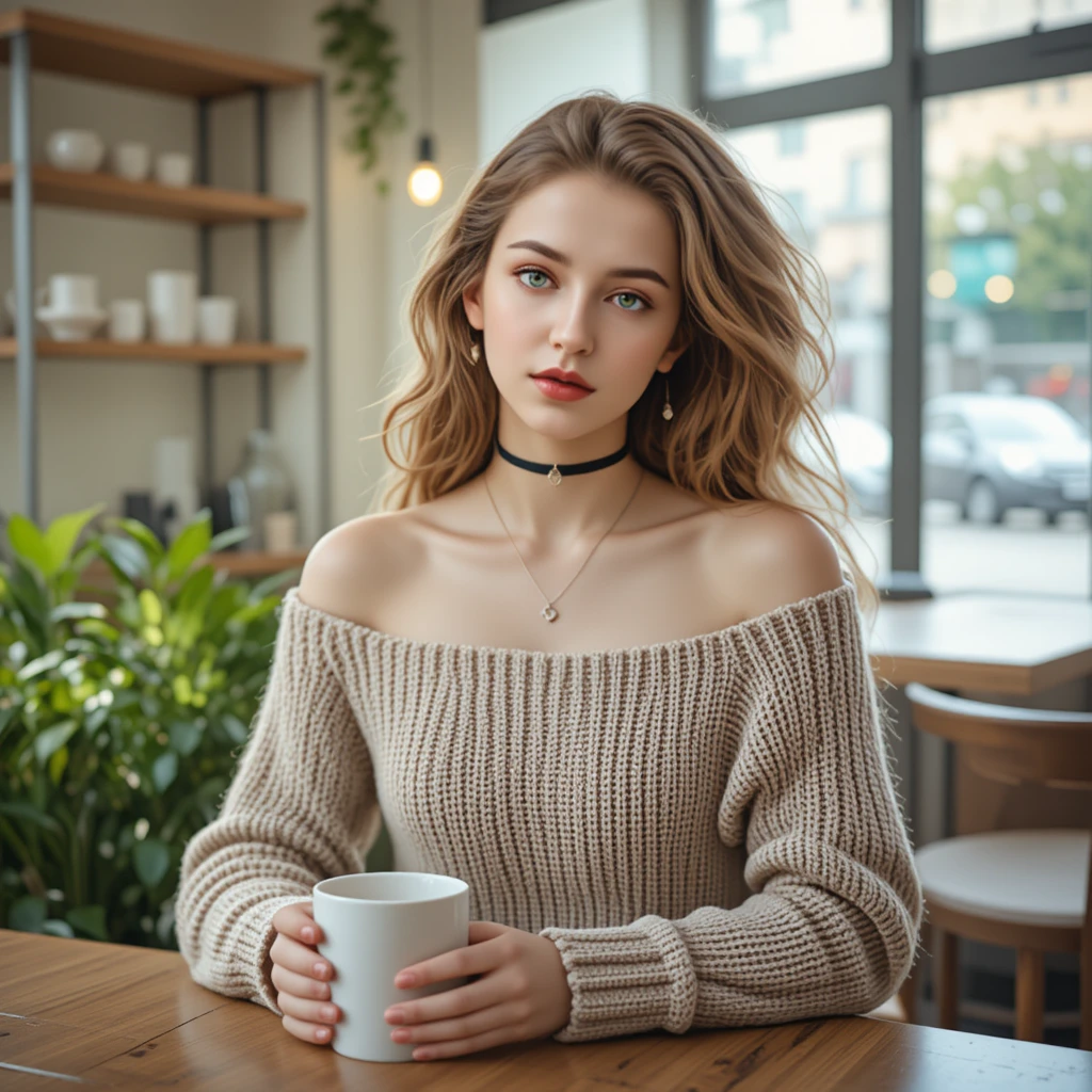 Young woman relaxing with coffee in a bright cozy cafe