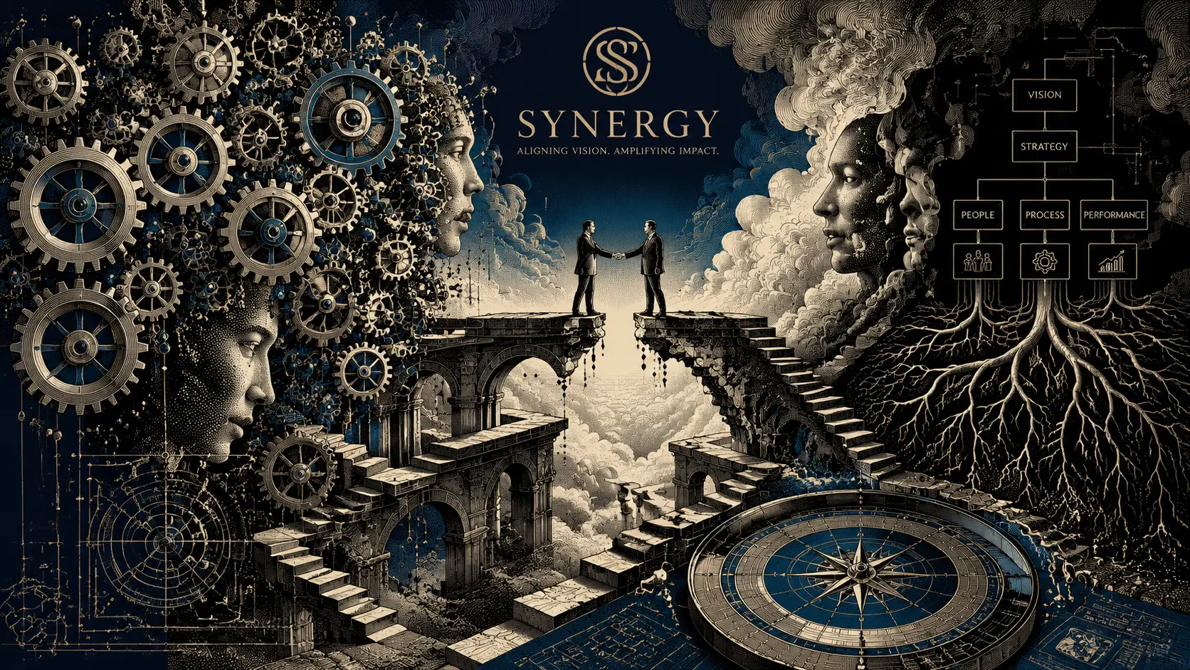 Surreal network of interlocking gears and corporate symbolism