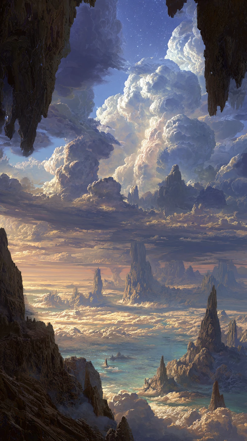 Surreal fantasy landscape with inverted mountains and clouds