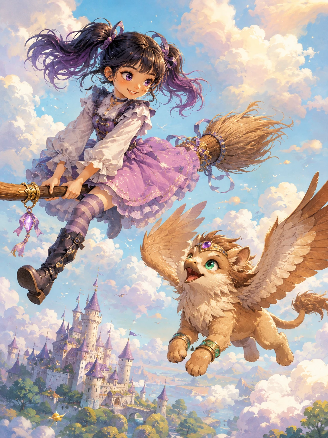 Young witch flying on a broom above a distant magic castle